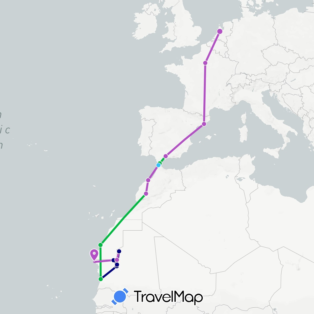 TravelMap itinerary: driving, bus, train, boat in Spain, France, Morocco, Mauritania, Netherlands (Africa, Europe)
